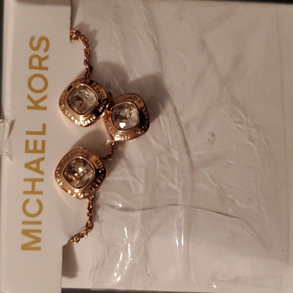 Michael Kors pink rose‎ gold plated cz stud earrings and necklace set new